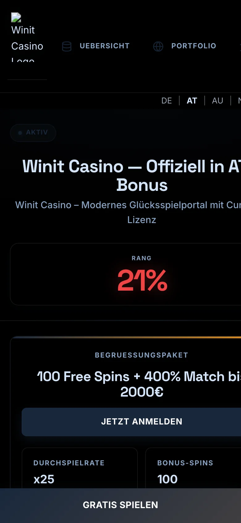 Winit Casino mobile lobby screenshot
