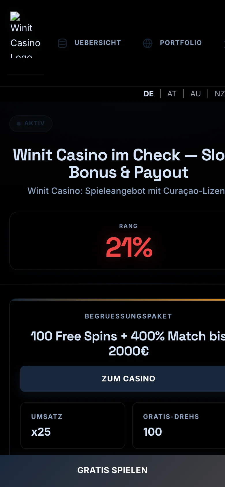 Winit Casino mobile lobby screenshot