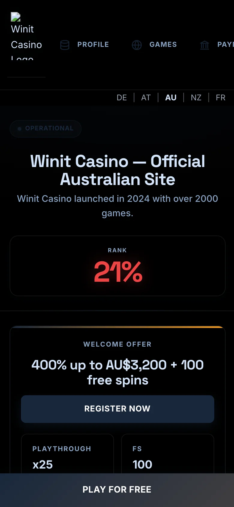 Winit Casino mobile lobby screenshot