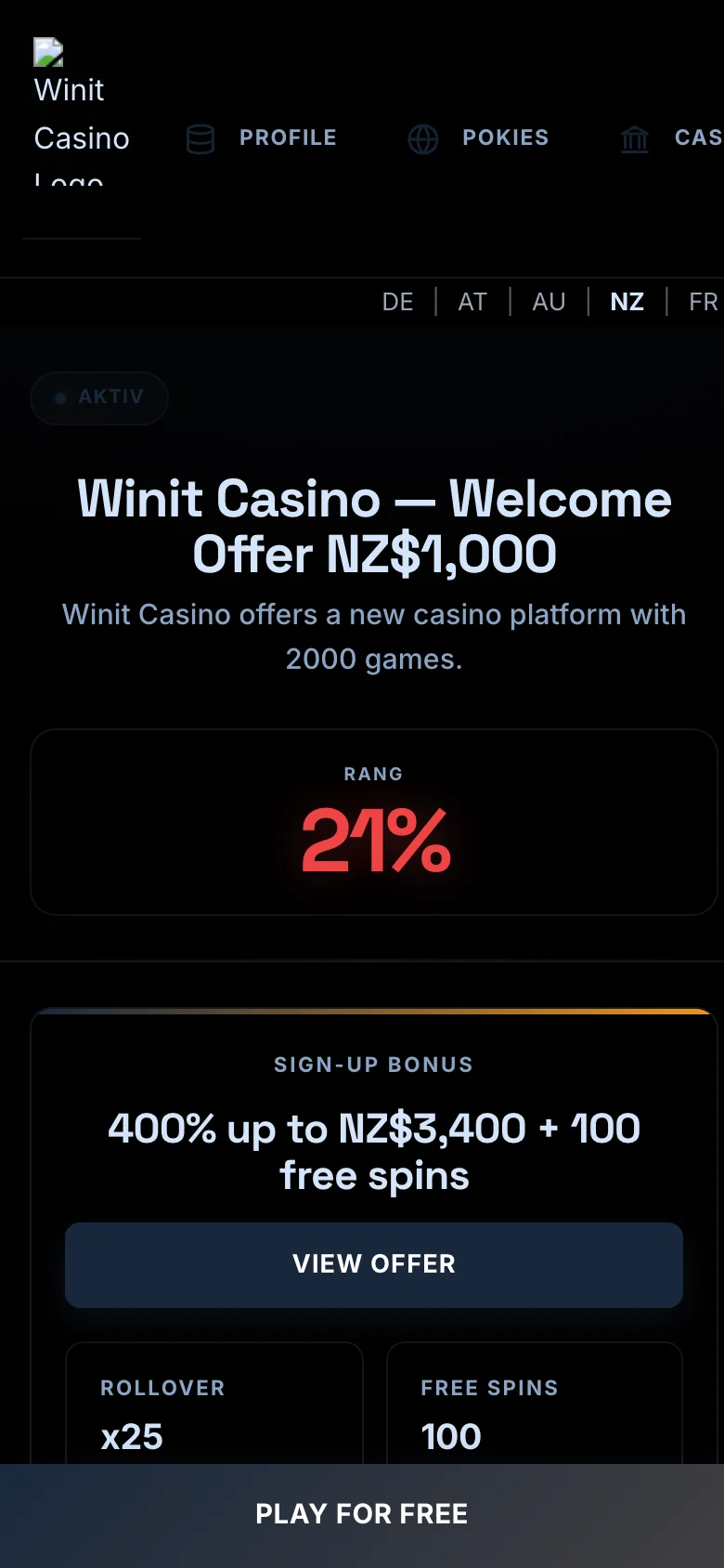 Winit Casino mobile lobby screenshot