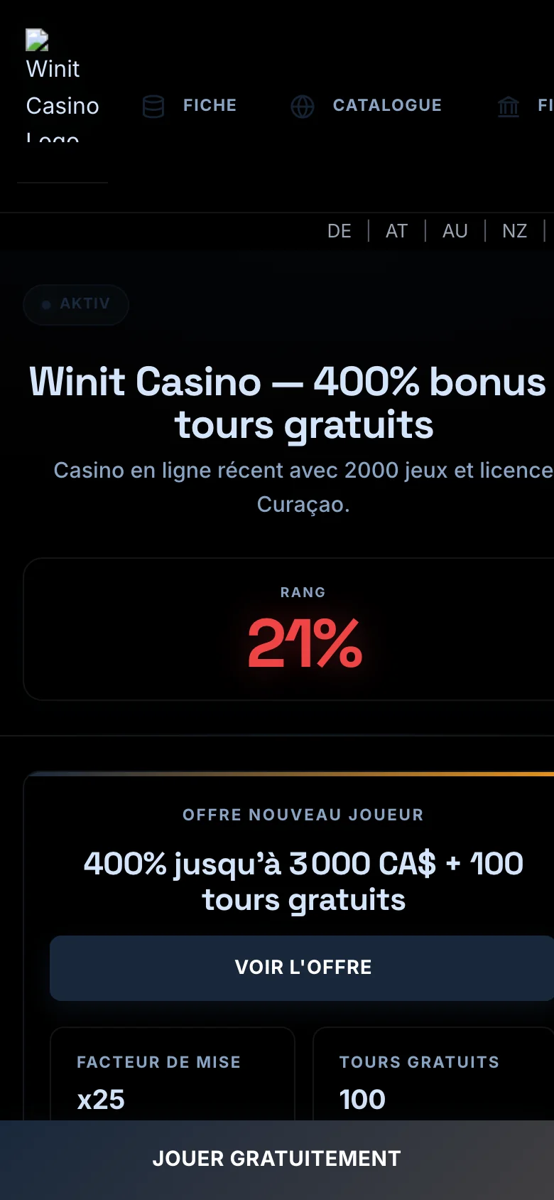 Winit Casino mobile lobby screenshot